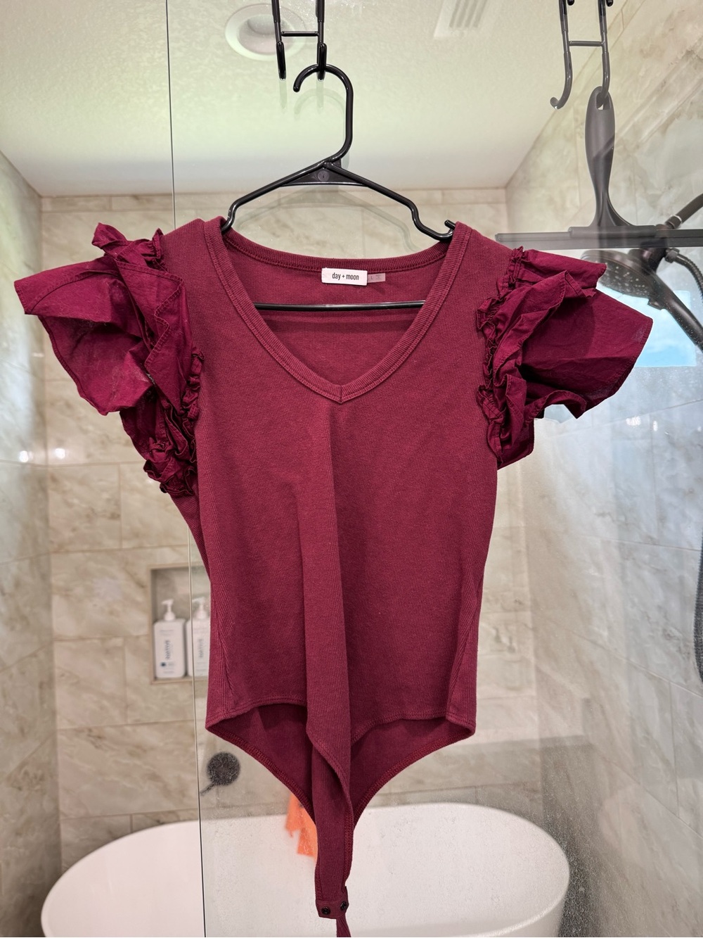 Day + Moon Burgundy Ruffle-Sleeve V-Neck Bodysuit